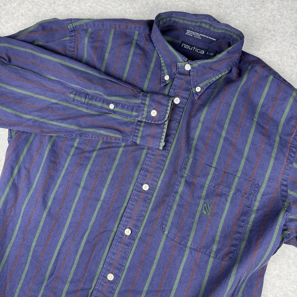 VTG Nautica Men's Large Button-Up Shirt Striped Multicolor 90s Sailboat